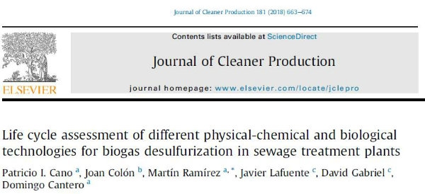 New publication - Life cycle assessment of different physical-chemical and biological technologies for biogas desulfurization in sewage treatment plants