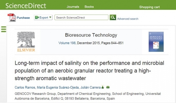New Publication - Long-term impact of salinity on the performance and microbial population of an aerobic granular reactor treating a high-strength aromatic wastewater