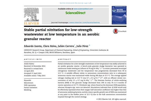 New Publication - Stable partial nitritation for low-strength wastewater at low temperature in an aerobic granular reactor