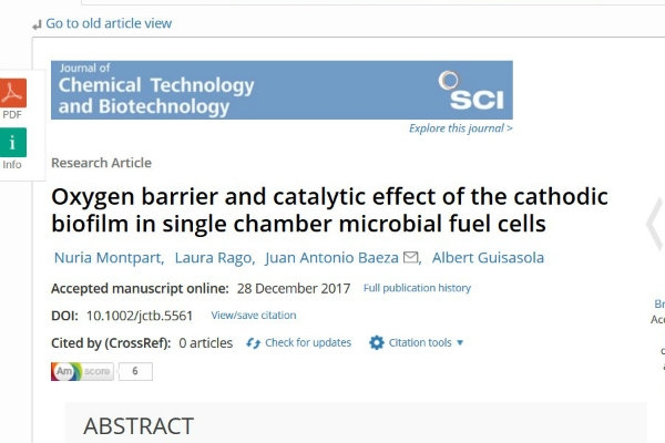 New publication - Oxygen barrier and catalytic effect of the cathodic biofilm in single chamber microbial fuel cells