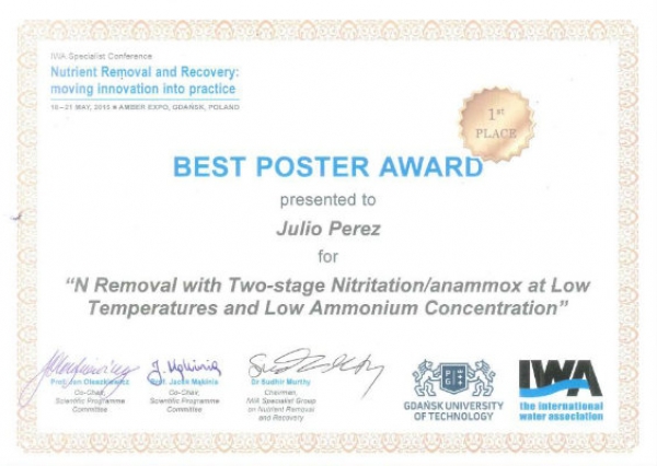 Best poster award -  IWA Nutrient Removal and Recovery 2015