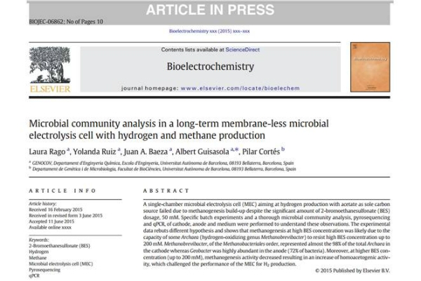 New Publication - Microbial community analysis in a long-term membrane-less microbial electrolysis cell with hydrogen and methane production