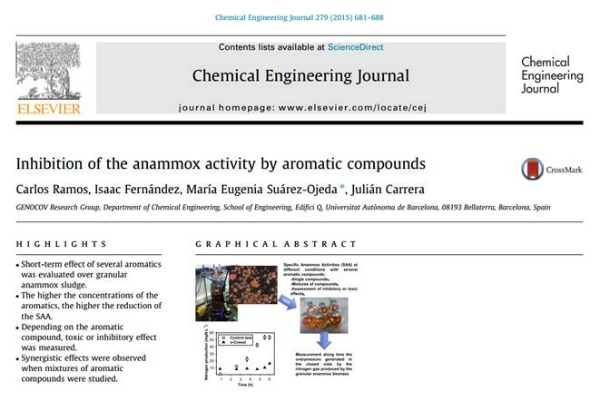 New Publication - Inhibition of the anammox activity by aromatic compounds