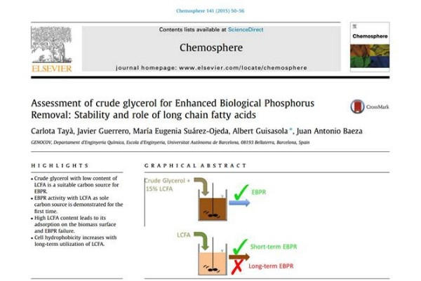 New publication - Assessment of crude glycerol for Enhanced Biological Phosphorus Removal: Stability and role of long chain fatty acids